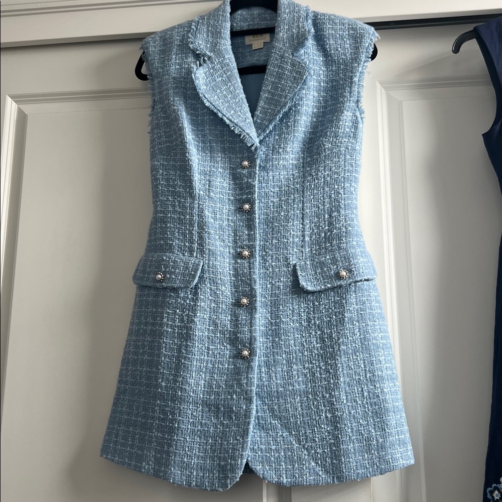 Maeve Textured Baby blue mini dress with pearl buttons